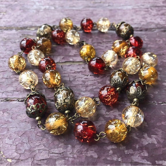 Jewelry - Vintage Multi-colored Beaded Necklace Wine Red Amber Filaments Magic